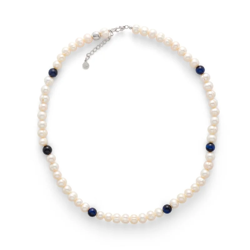 Pearl Necklace with Blue Tiger Eye 8mm