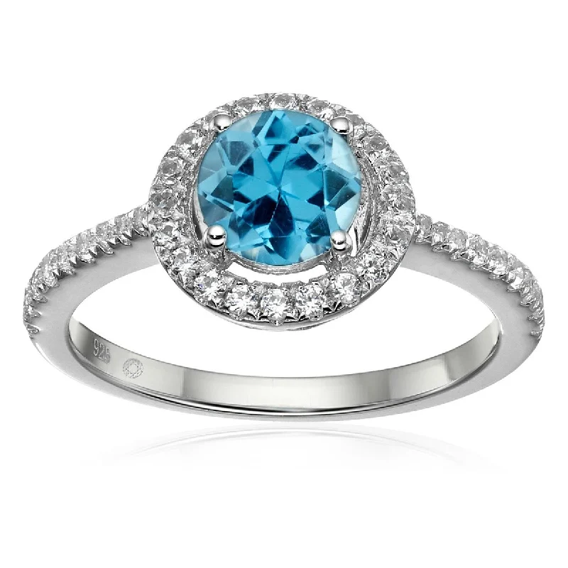 925 Sterling Silver Swiss Blue Topaz and Created White Sapphire Ring