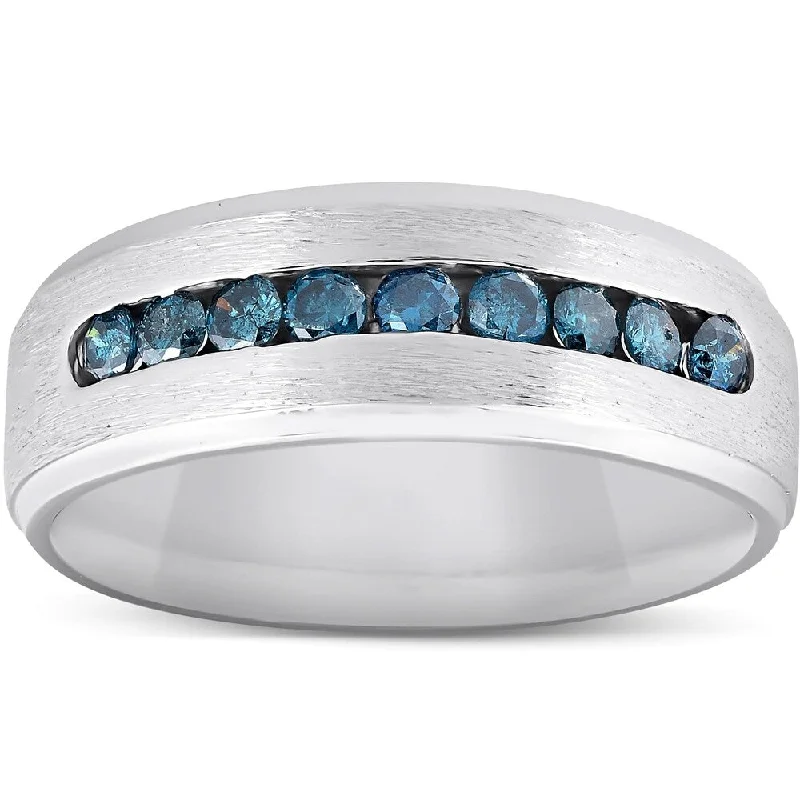 Mens 1/3ct Blue Diamond Brushed Wedding Ring 14k White Gold (Blue, I1-I2)