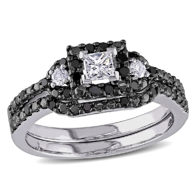 Miadora 10k White Gold 1/2ct TDW Princess and Round-cut Black and White Diamond Halo Bridal Ring Set