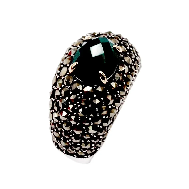 14k Gold and Sterling Silver Agate and Marcasite Ring