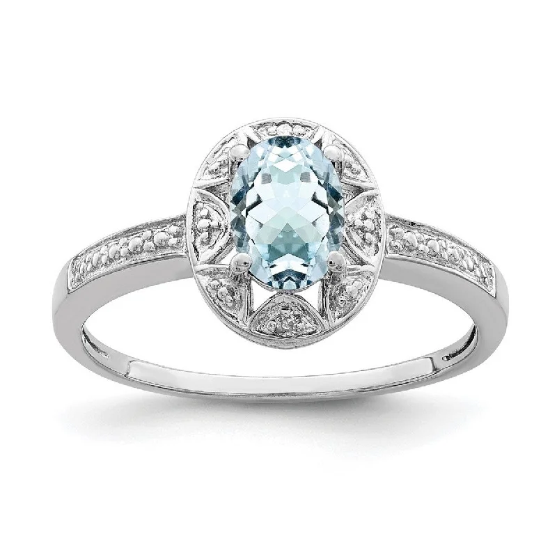 Curata 925 Sterling Silver Polished Diamond and Aquamarine Ring