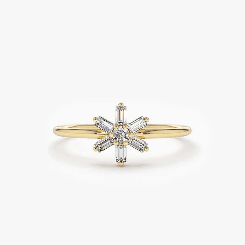 14K Baguette Diamond Flower Ring