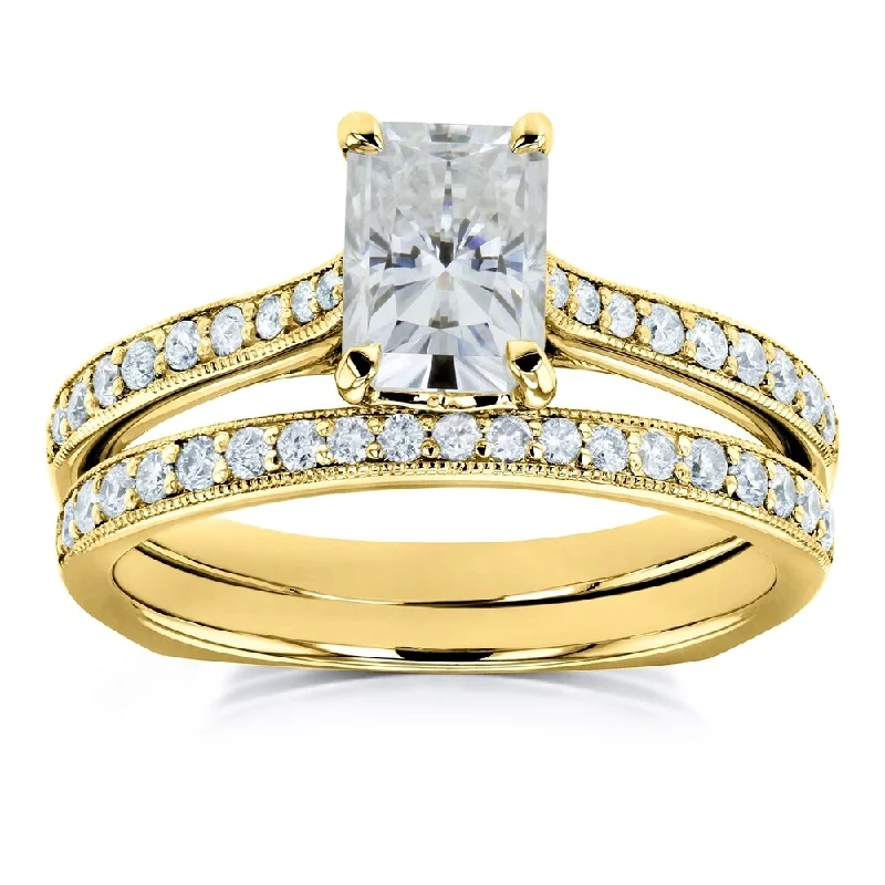 Annello by Kobelli 14k Gold 1 3/5ct TGW Radiant Moissanite and Diamond Euro-BandTrellis Bridal Rings Set (GH/VS, GH/I)