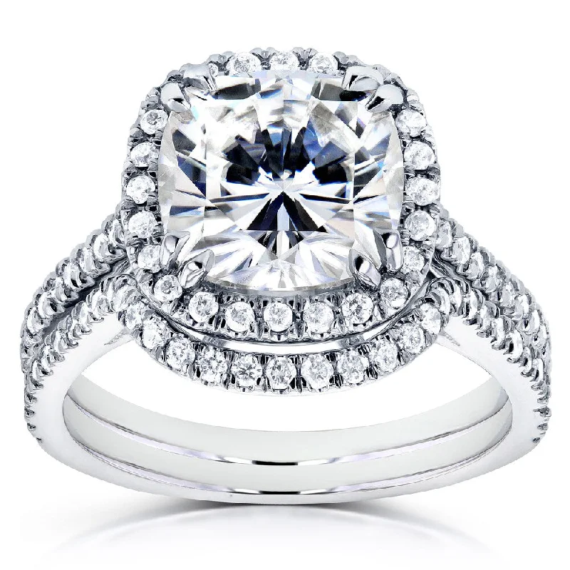 Annello by Kobelli 14k White Gold 3 1/4ct TGW Cushion Moissanite and Diamond Halo Contoured Bridal Rings Set