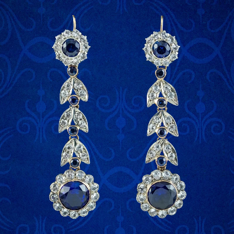 Antique Edwardian Blue Paste Flower Drop Earrings 15ct Gold With Box