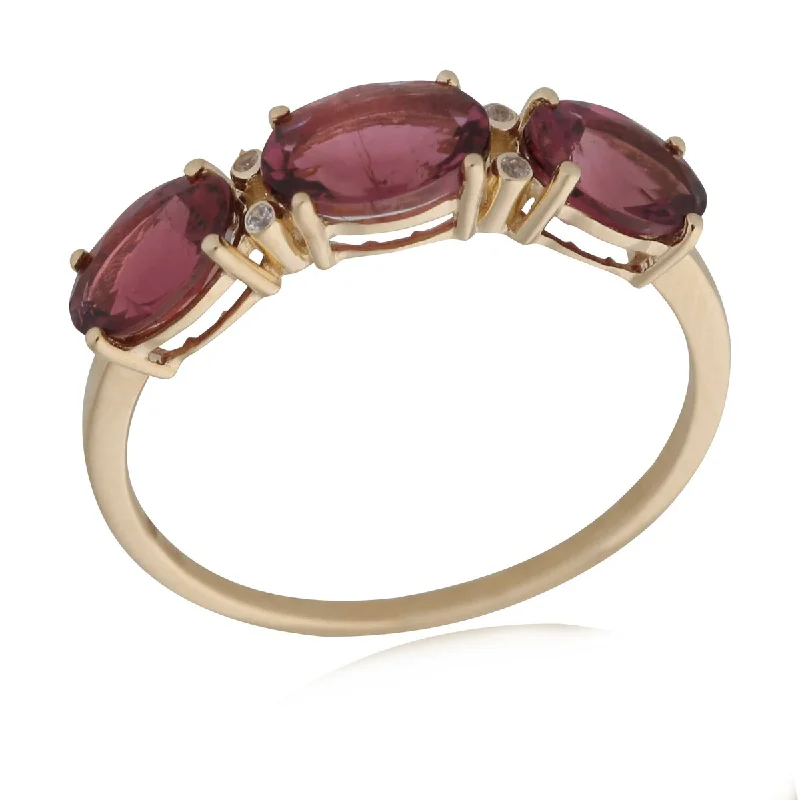 14Kt Yellow Gold Pink Tourmaline and White Natural Zircon 3-Stone Ring