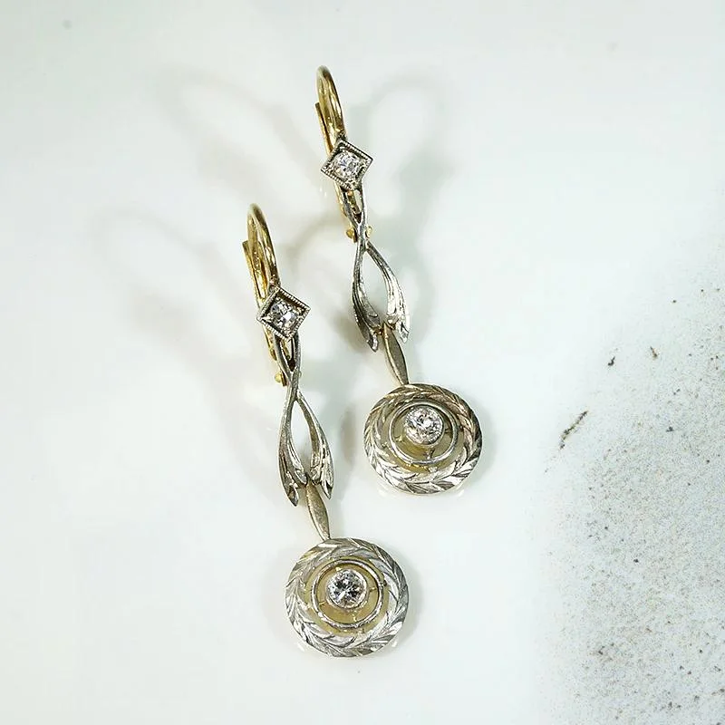 Delicate Deco Drop Earrings in Two-Tone Gold & Diamonds