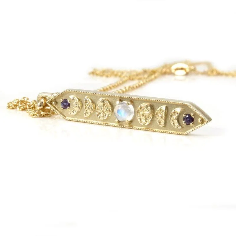 Ready to Ship - 14k Yellow Gold and Moonstone Moon Phase Bar Pendant with Alexandrite - Lunar Bohemian Necklace