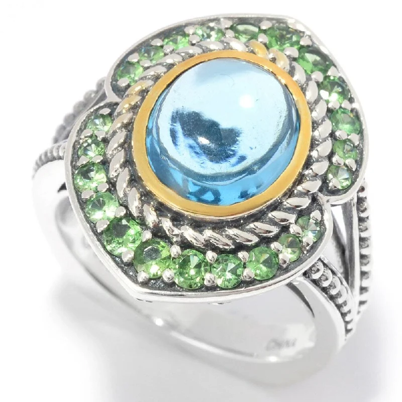 925 Sterling Silver Swiss Blue Topaz and Tsavorite Ring