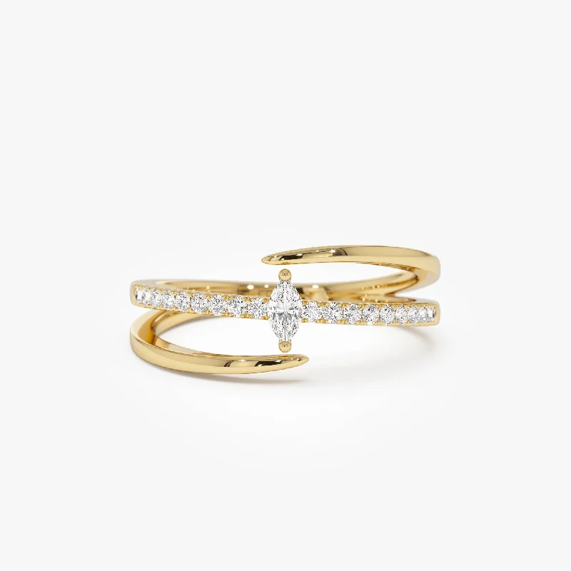 14K Double Band Marquise Diamond Ring with Pavé Accents