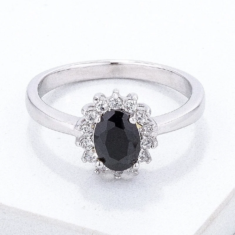 Black and Clear Cubic Zirconia Petite Oval Cut Ring