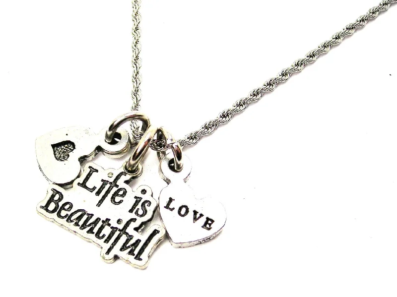 Life Is Beautiful With Hearts Stainless Steel Rope Chain Necklace