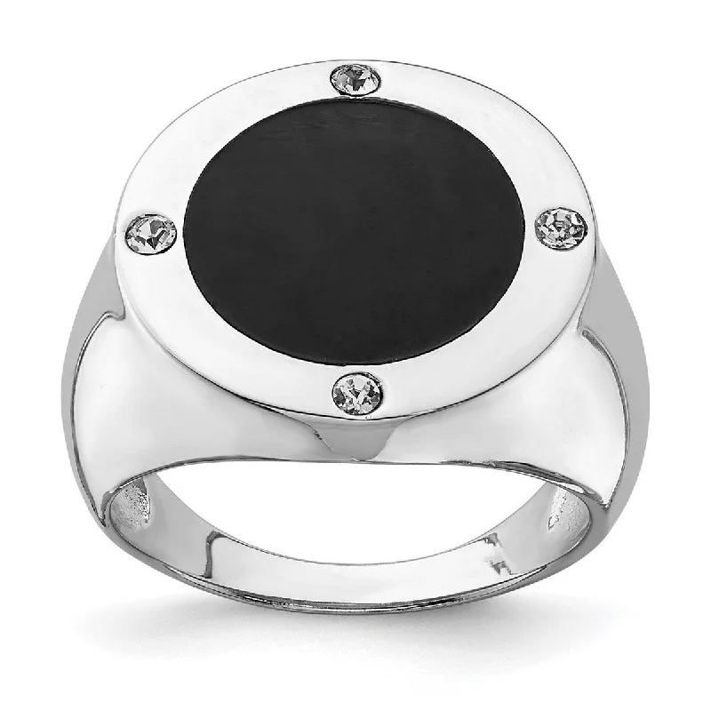 Curata 925 Sterling Silver Polished Rhodium Plated Black Simulated Onyx and Cubic Zirconia Ring