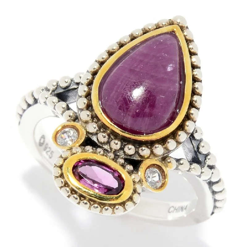 Sterling Silver Ruby, Rhodolite & White Zircon Beaded Ring