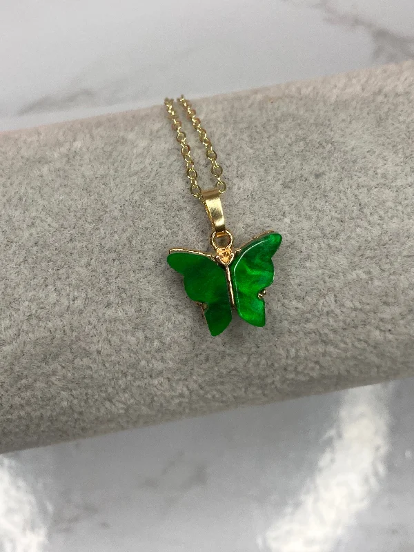 Dark green fluttering butterfly necklace