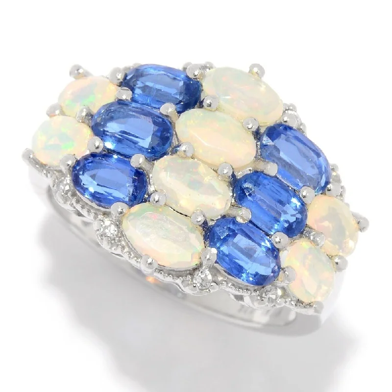 925 Sterling Silver Ethiopian Opal,Kyanite,White Natural Zircon Ring