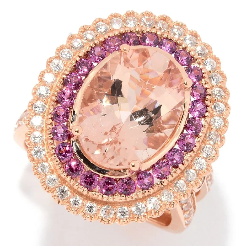 14K Rose Gold Oval Morganite & Rhodolite Double Halo Ring