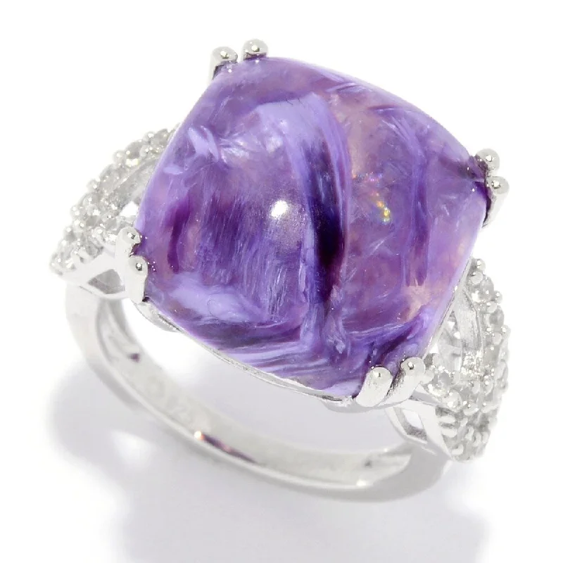 Sterling Silver 15mm Cushion Shaped Charoite & White Zircon Ring