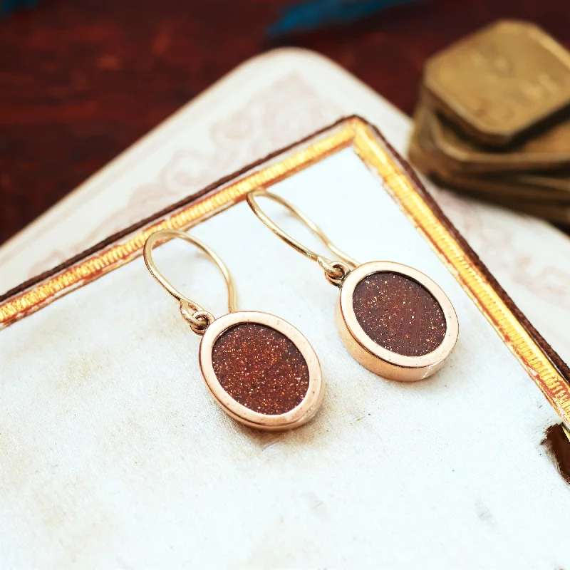 Vintage 9ct Gold & Goldstone Drop Earrings