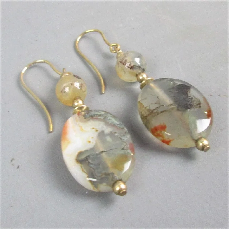 9ct Yellow Gold & Moss Agate Drop Earrings Vintage c1970