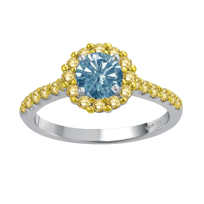 Sterling Silver with Blue Moissanite and Yellow Sapphire Halo Ring