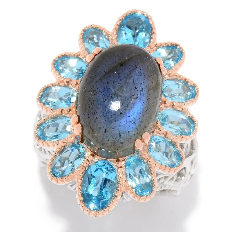 Dallas Prince Designs 14 x 10mm Labradorite & Swiss Blue Topaz Flower Ring