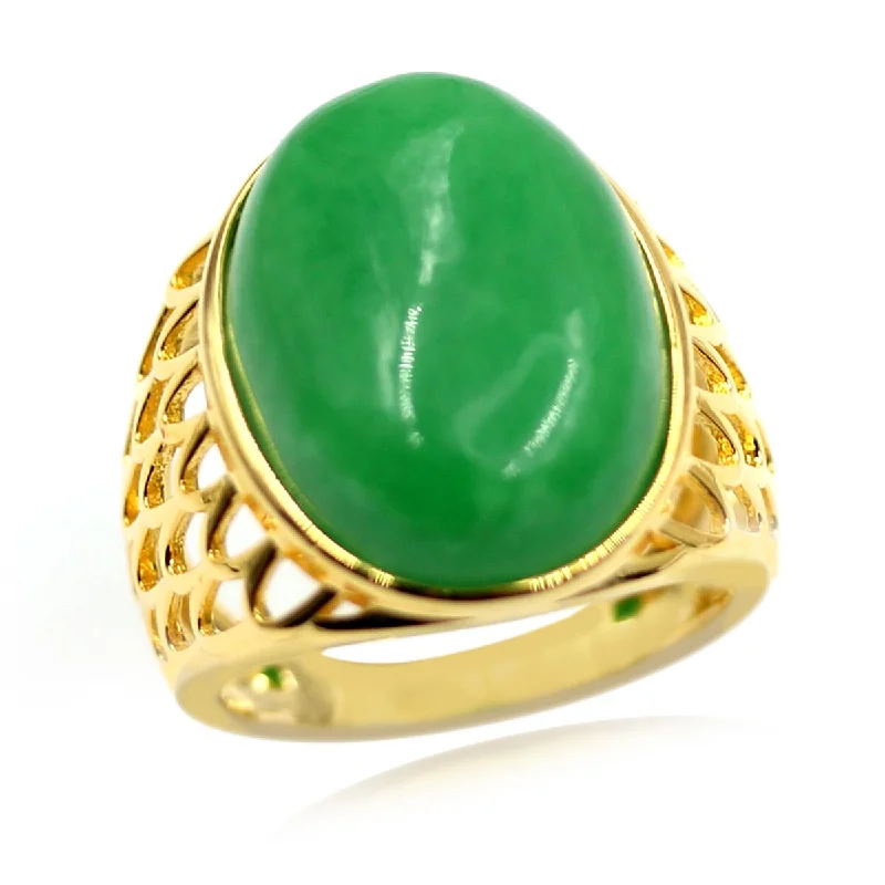 18k Yellow Gold Over Sterling Silver Dyed Green Jade Gemstone Solitaire Ring