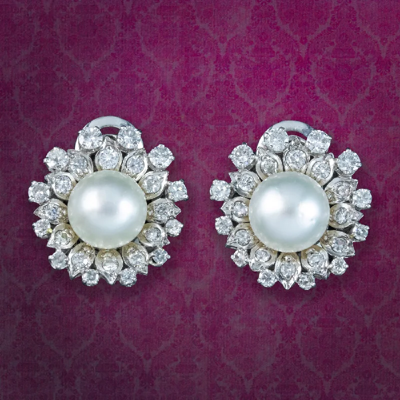 Vintage French Pearl Diamond Flower Clip Earrings 4ct Diamond