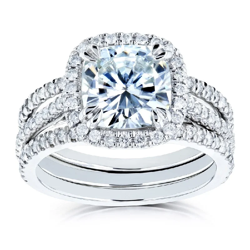 Annello by Kobelli 14k White Gold 2 2/5ct TGW Cushion Moissanite and Diamond Halo Bridal Rings Set (GH/VS, GH/I)