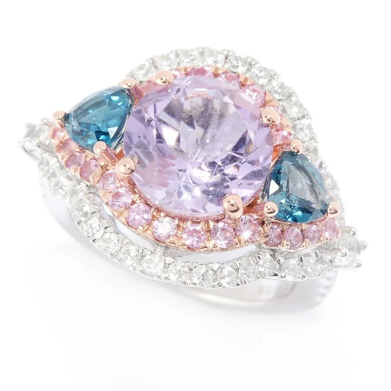 925 Sterling Silver London Blue Topaz,Pink Amethyst,Pink Sapphire,White Natural Zircon Ring