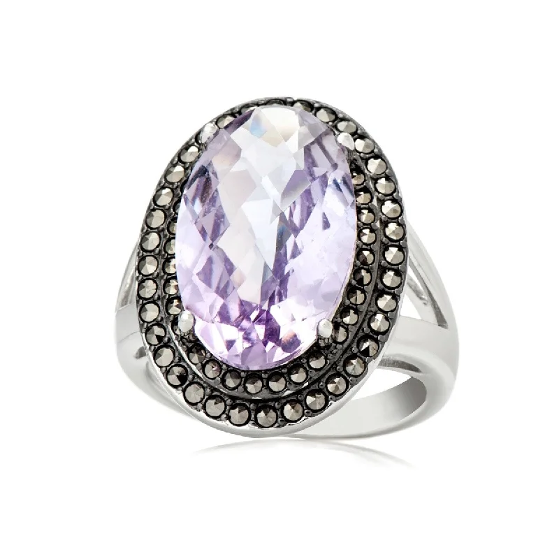 925 Sterling Silver Pink Amethyst and Marcasite Ring