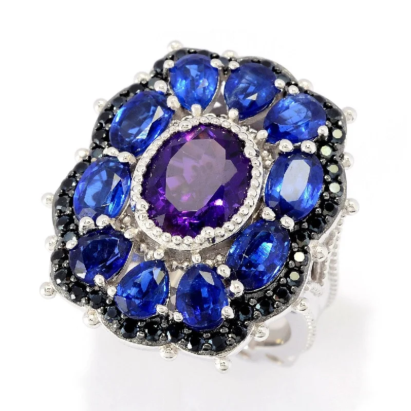 Dallas Prince Designs Sterling Silver 7.56ctw African Amethyst, Kyanite & Black Spinel Cluster Ring