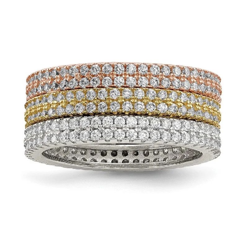 Curata 925 Sterling Silver White Yellow and Rose tone Set Of 3 CZ Cubic Zirconia Eternity Rings