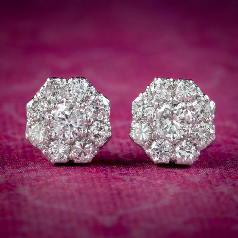 Edwardian Style Diamond Daisy Cluster Stud Earrings 1.68ct Of Diamond