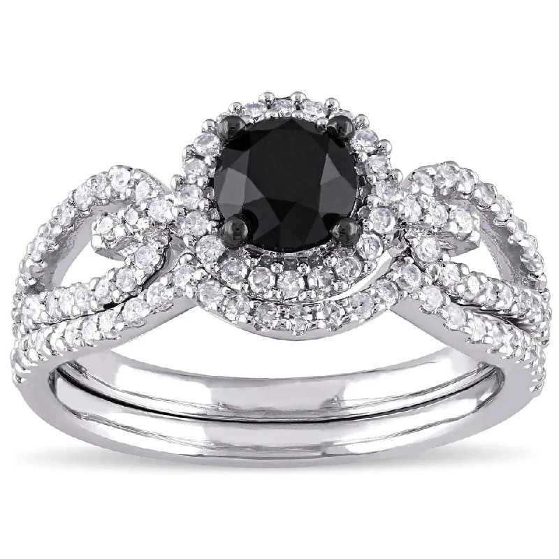 Miadora 10k White Gold 1 1/2ct TDW Black and White Diamond Halo Bridal Ring Set