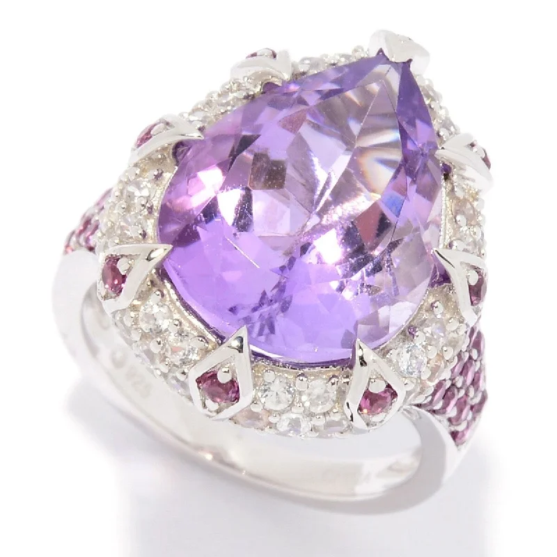 Sterling Silver Pear Cut Pink Amethyst & White Zircon Ring