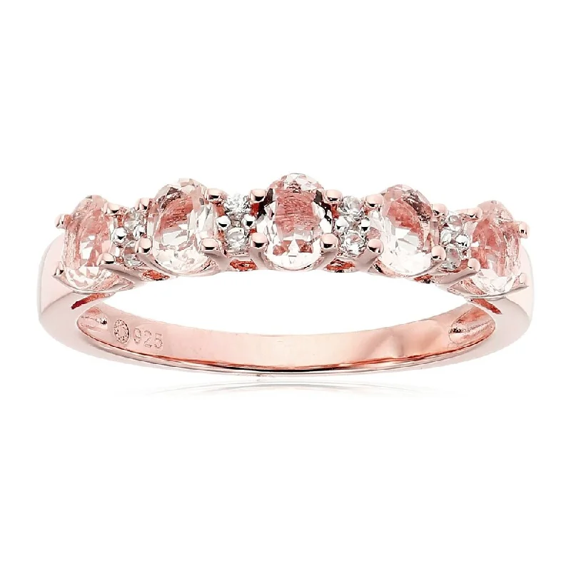 Rose Gold-Plated Silver Morganite and White Zirconia 5-stone Stackable Ring, Size 7