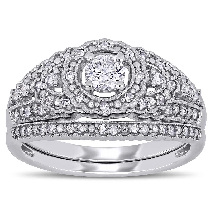 Miadora 10k White Gold 1/2ct TDW Diamond Floral Halo Bridal Ring Set