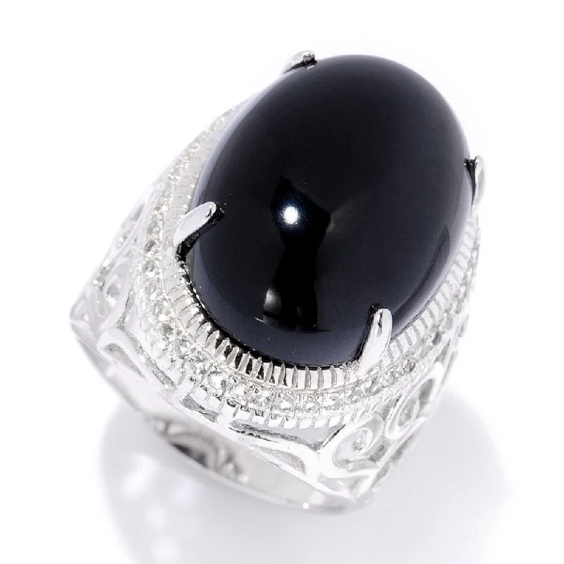 Sterling Silver 19 x 14mm Oval Colorado Black Moonstone & White Topaz Ring