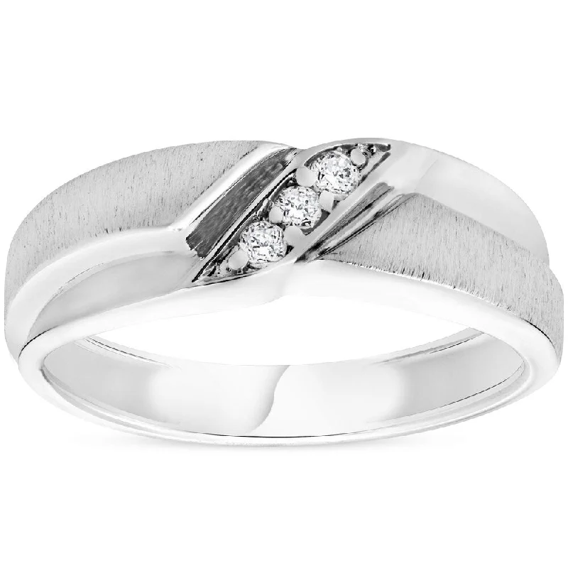 Pompeii3 10k White Gold 1/10 ct TDW Diamond Three Stone Mens Ring High Brushed Countour Wedding Band