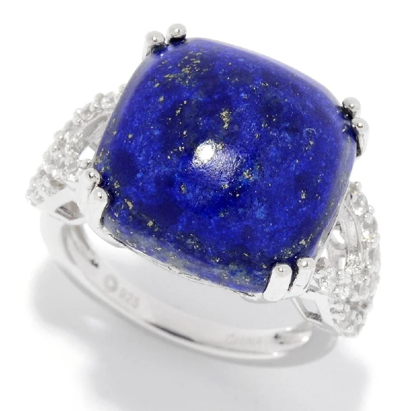 Sterling Silver 15mm Cushion Shaped Lapis & White Zircon Ring