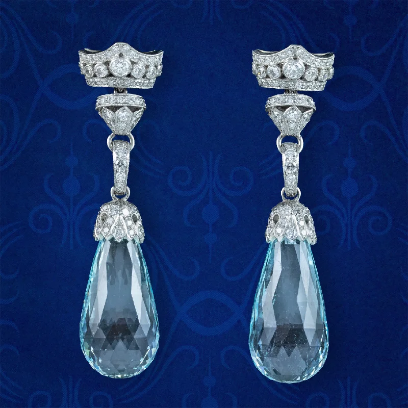 Art Deco Style Aquamarine Diamond Drop Earrings 18Ct Gold 25ct of Aqua