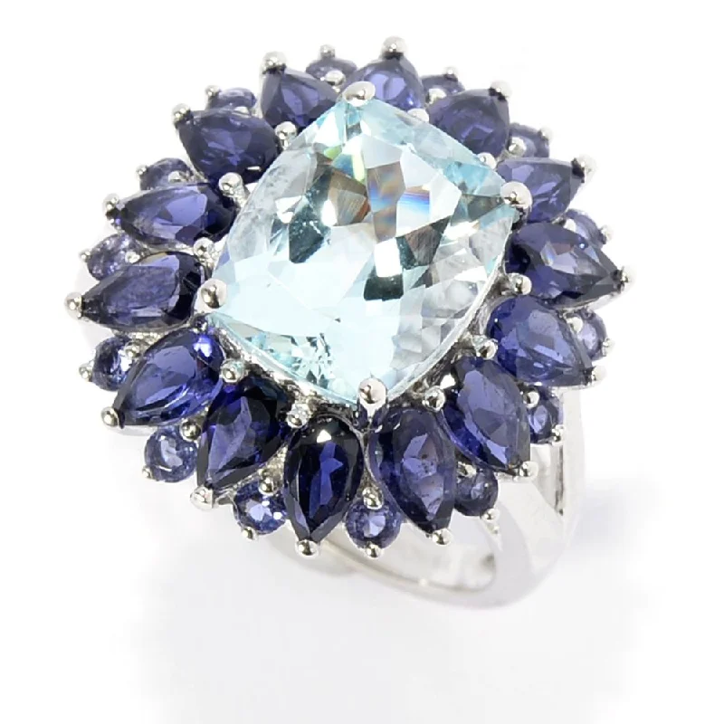 14k White Gold Aquamarine Iolite Flower Ring