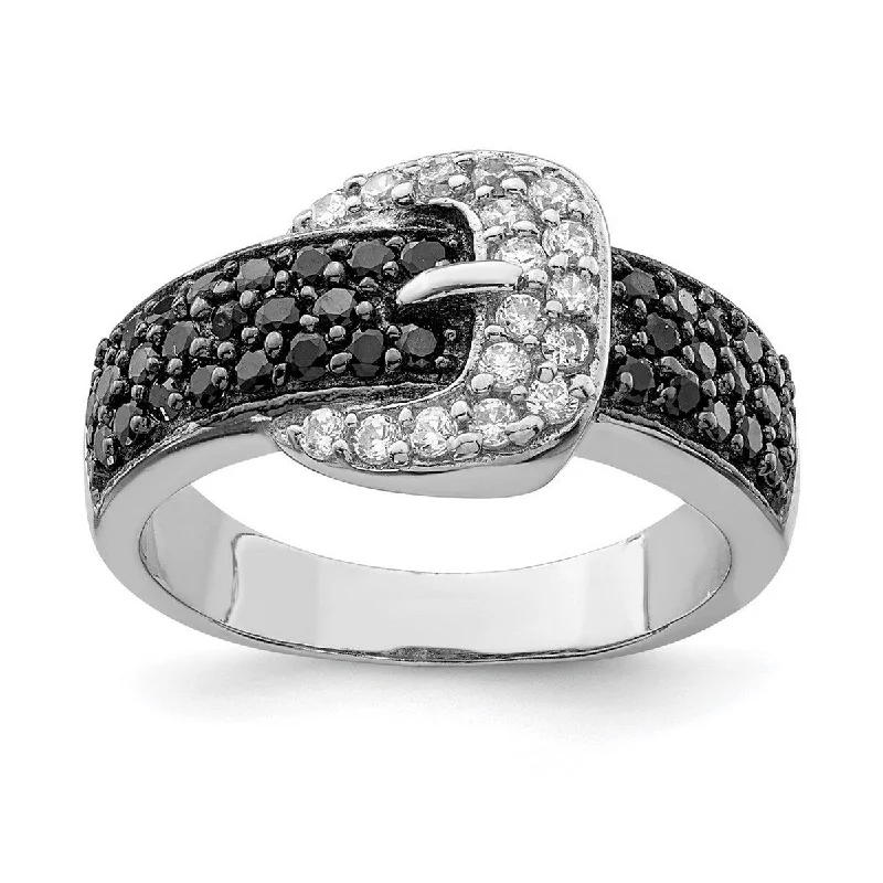 Curata 925 Sterling Silver Polished Open back Rhodium Black and Clear CZ Cubic Zirconia Simulated Diamond Buckle Ring