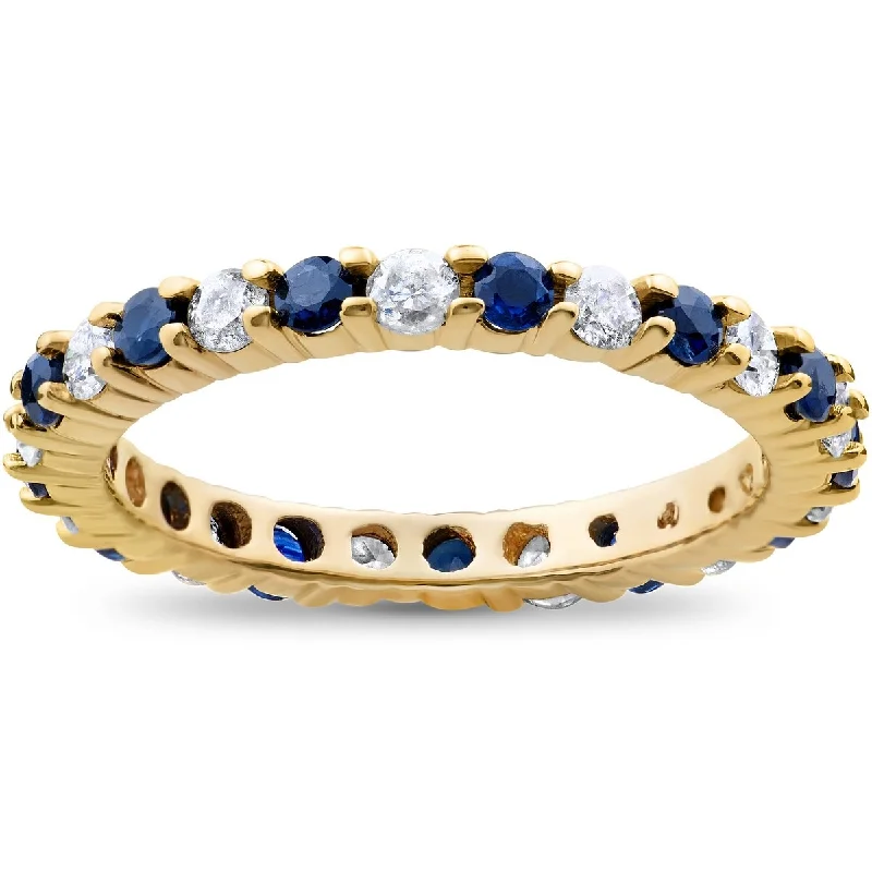 1 cttw Blue Sapphire Diamond Wedding Eternity Ring 10k Yellow Gold