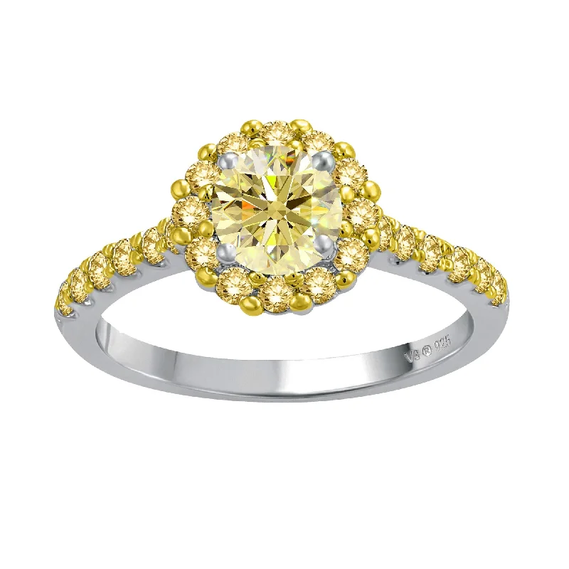 Sterling Silver with Yellow Moissanite and Yellow Sapphire Halo Ring