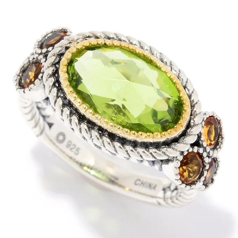 Sterling Silver 3.55ctw Oval Peridot & Citrine Rope Detailed Ring