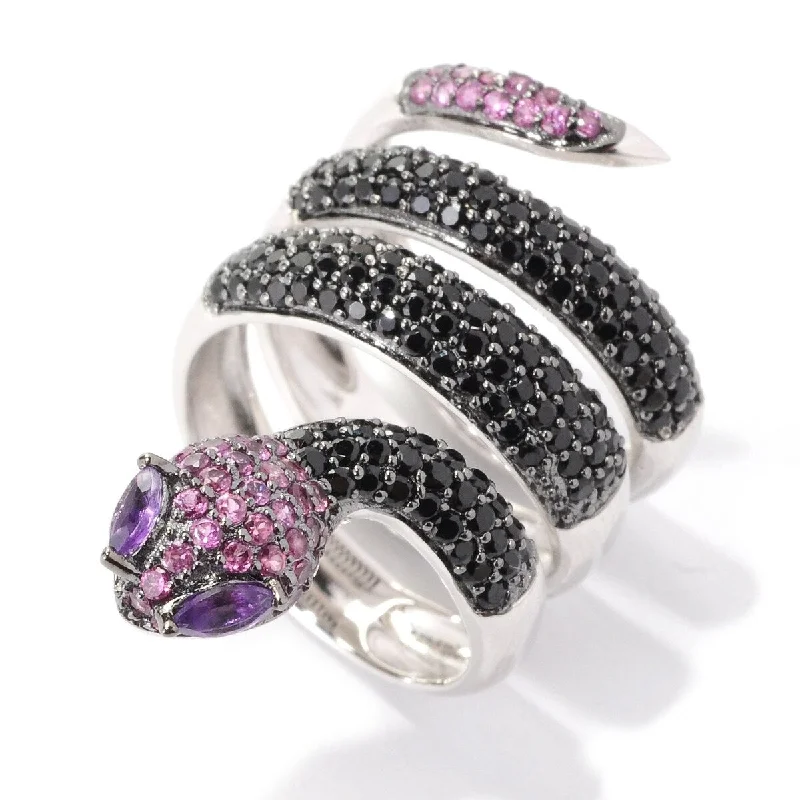 Sterling Silver 2.41Ctw Black Spinel and Multi Gem Snake Wrap Ring