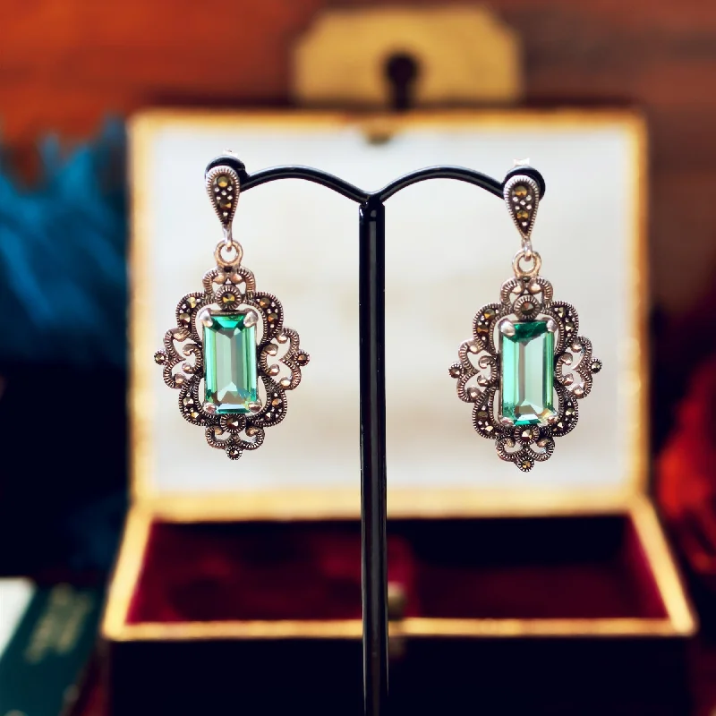 Vintage Style Green Quartz & Marcasite Drop Earrings